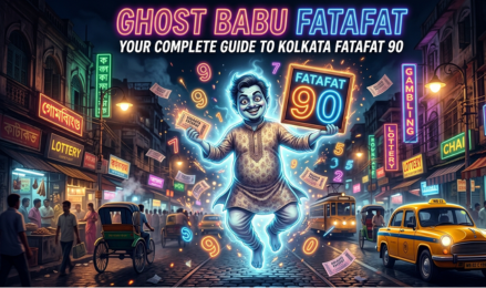 A vibrant digital illustration of a glowing "Ghost Babu" character holding a "90" board in a neon-lit Kolkata street.