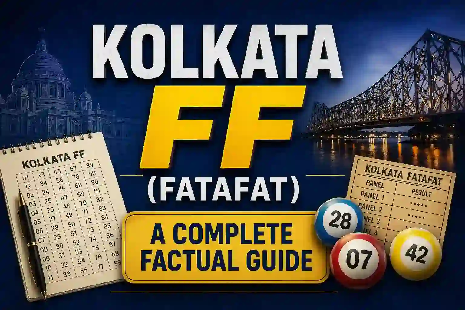 Illustrated cover image for “Kolkata FF (Fatafat): A Complete Factual Guide,” featuring the Howrah Bridge, Kolkata landmarks, number charts, lottery-style balls, and bold gold-and-blue typography representing Kolkata Fatafat results and information.