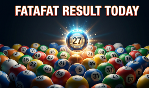 Bold white text reading 'FATAFAT RESULT TODAY' above a dramatic scene of colorful lottery balls scattered in a pile, with a glowing blue light illuminating a central ball displaying the number 27."