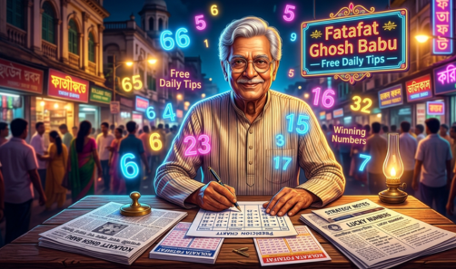 alt  An elderly Bengali man with glasses sits at a desk in a bustling Kolkata street at night. He is surrounded by prediction charts and glowing, floating numbers under a neon sign that reads "Fatafat Ghosh Babu – Free Daily Tips".